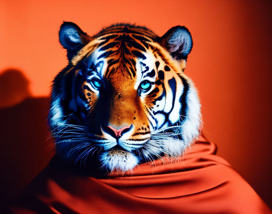Vivid Tiger Portrait on Orange Background with Matching Fabric