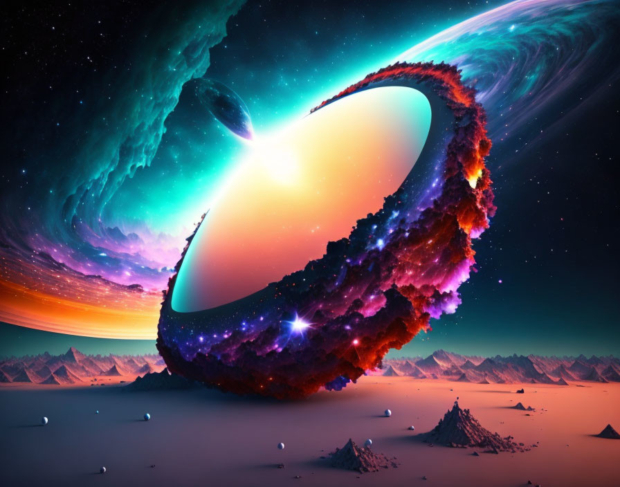Colorful digital artwork of fiery comet in cosmic landscape