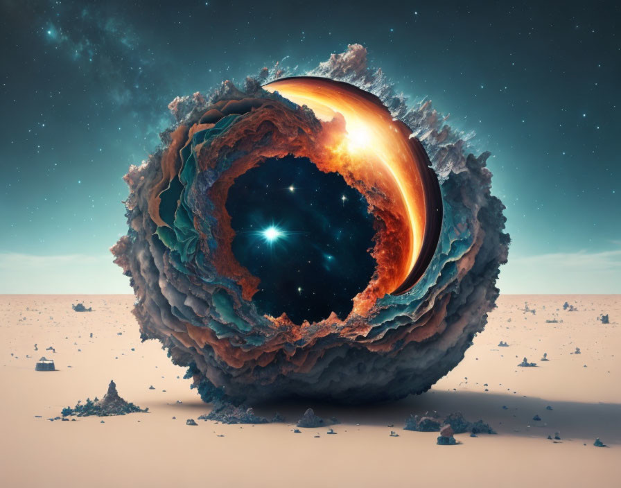 Surreal spherical structure with glowing center in starry desert scene