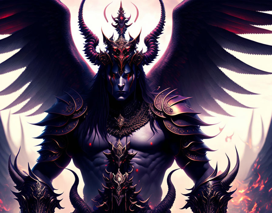 Dark fantasy figure with horns, wings, and armor in fiery setting