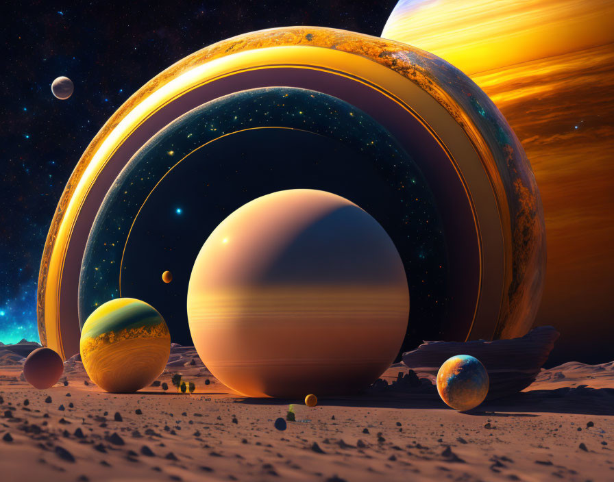 Surreal space landscape with planets, moons, and rings against starry sky