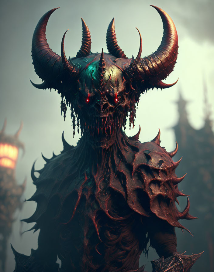 Sinister creature with large curved horns and glowing eyes in dark spiky armor.