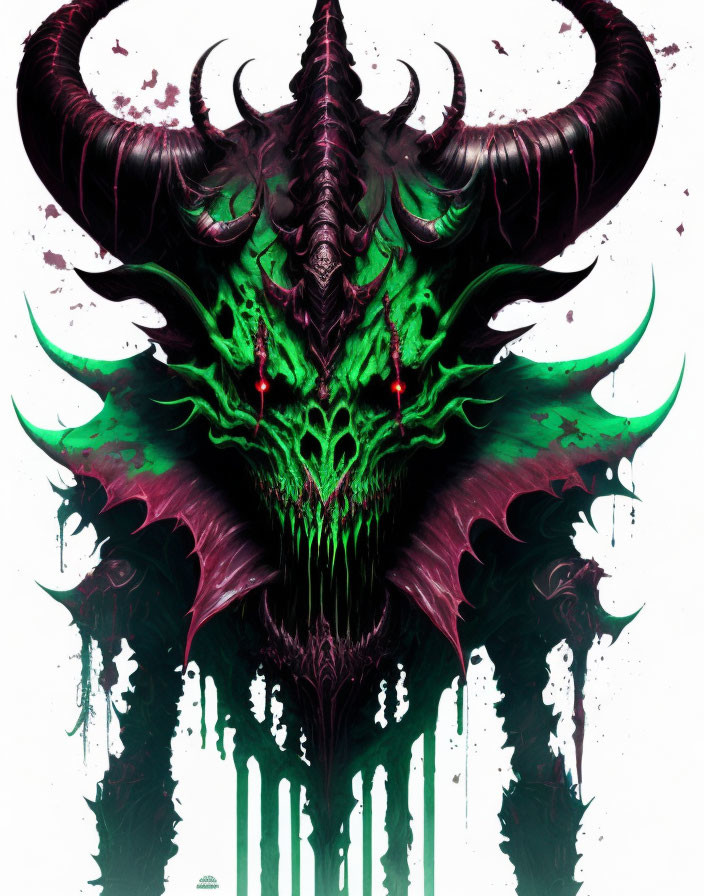Green-Glowing Demonic Creature with Curved Horns on White Background