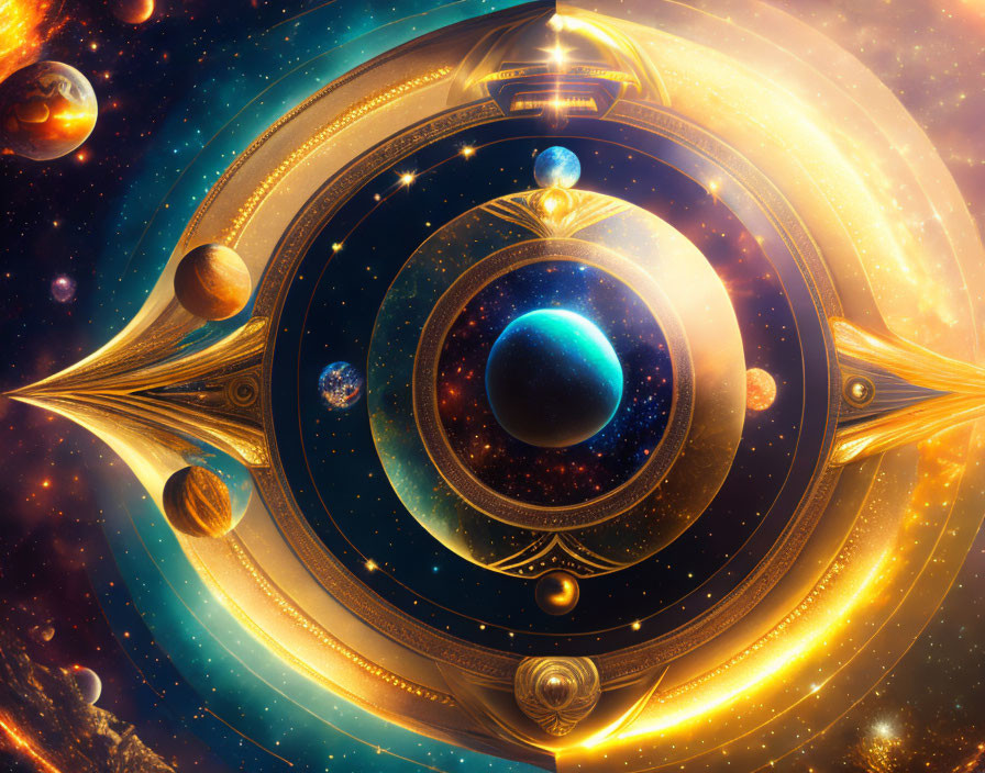 Colorful futuristic solar system with planets orbiting central blue sphere in ornate celestial mechanism.