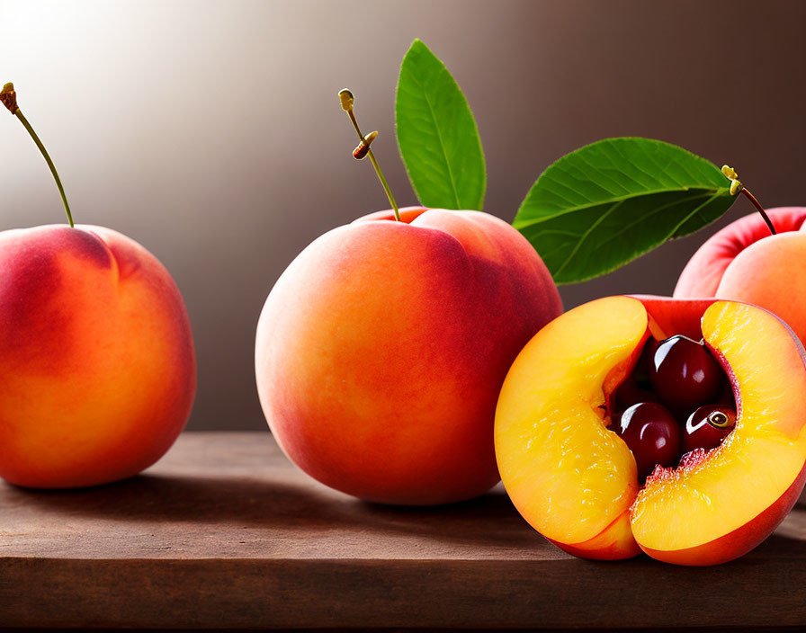 Fresh peaches and cherries on wooden surface with one peach cut open.