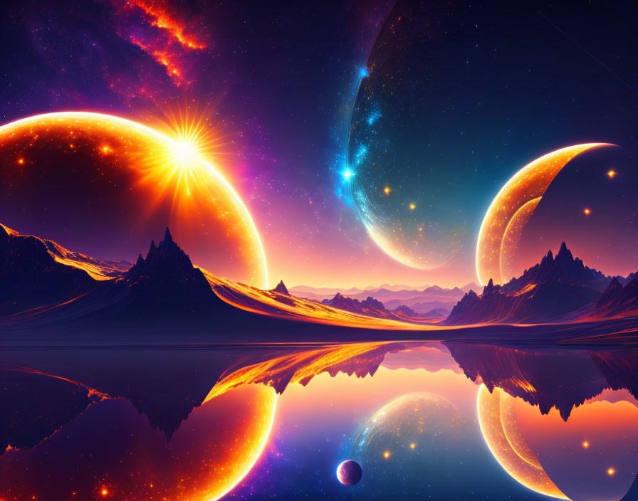 Vibrant surreal cosmic landscape with celestial bodies, mountains, and reflective water