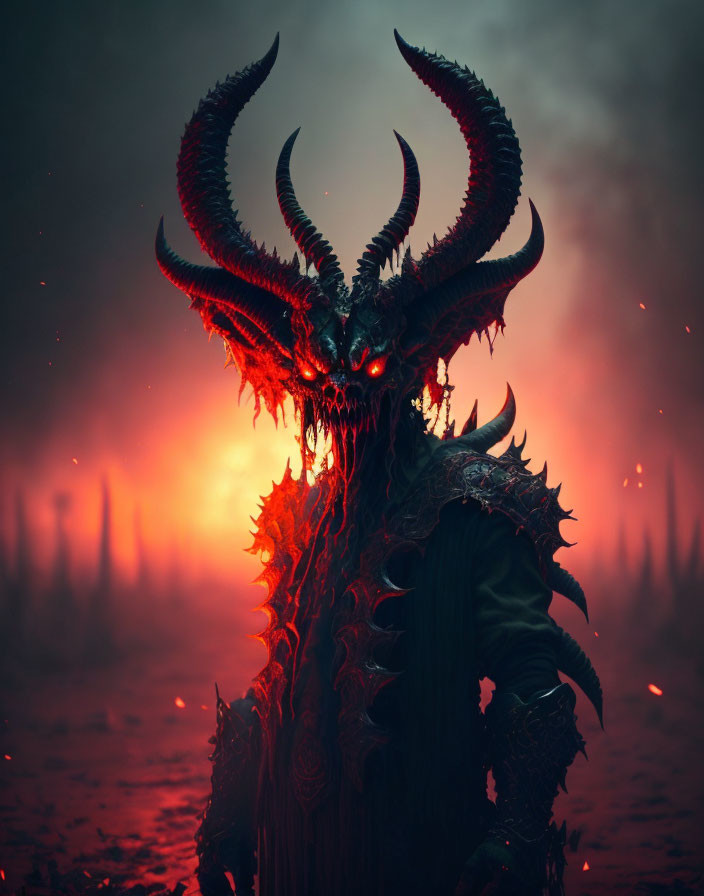 Sinister horned demon in fiery landscape under red sky