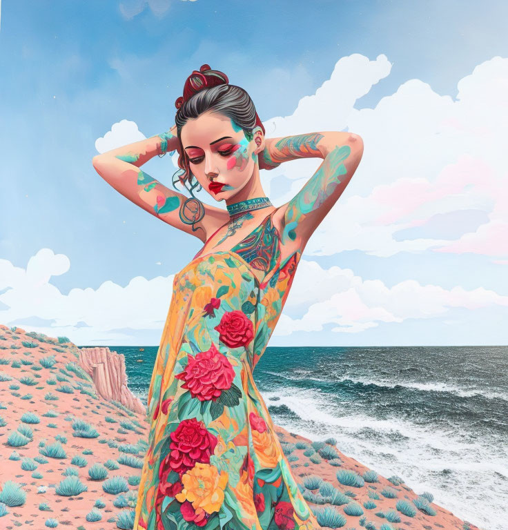 Stylized illustration of tattooed woman in floral dress by the sea