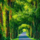 Tranquil Tree-Lined Road with Palm Tree Archway