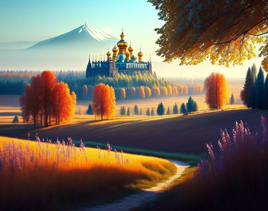 Golden Field and Autumn Trees with Church and Mountain View