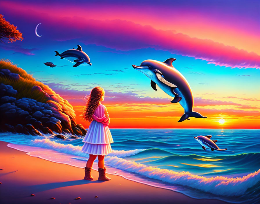 Young girl watching dolphins leap at sunset with crescent moon in colorful sky
