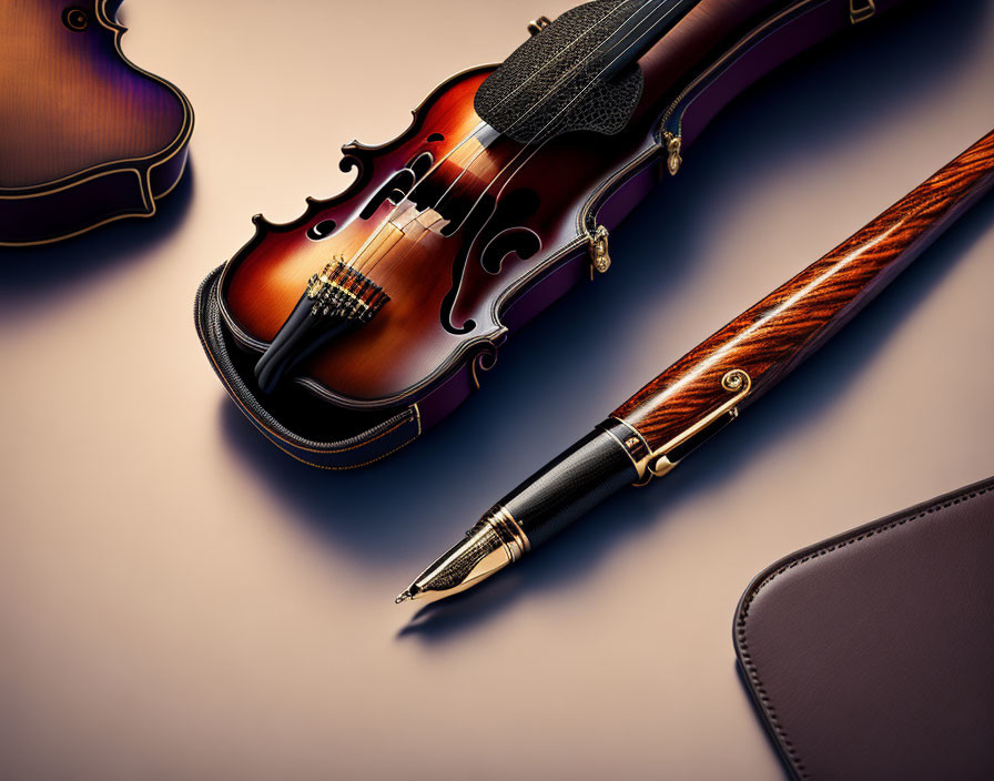 Classical violins and fountain pen on dark surface symbolize music and writing luxury