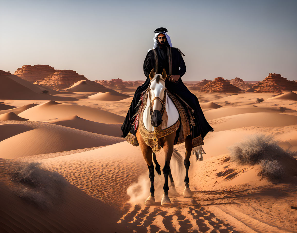 Person in traditional attire riding white horse in desert sunset.