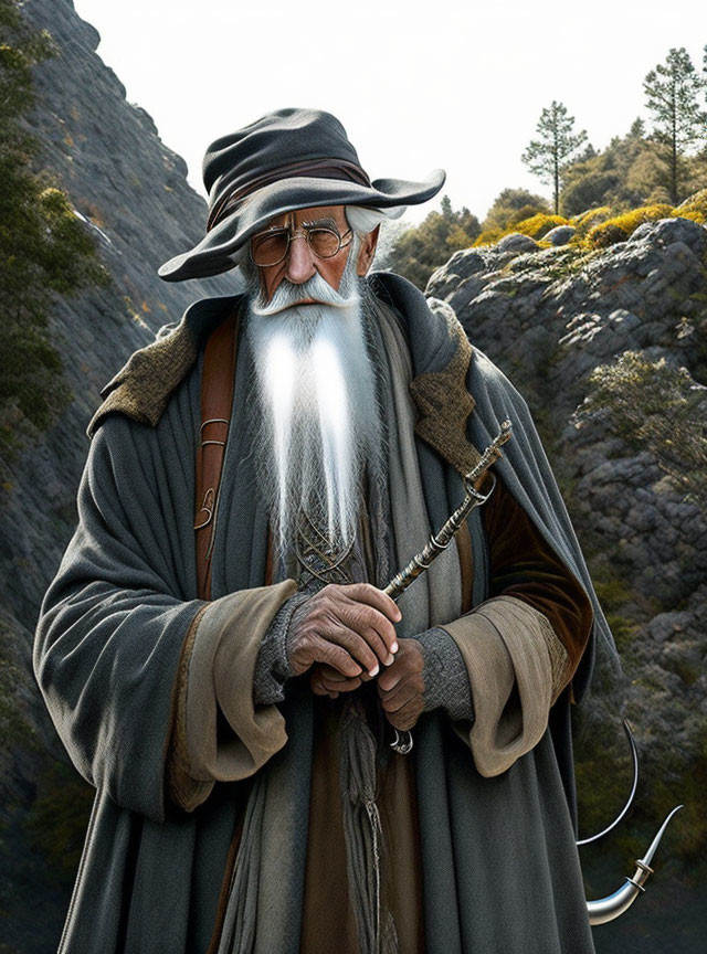 Bearded wizard in glasses with staff in mountain landscape