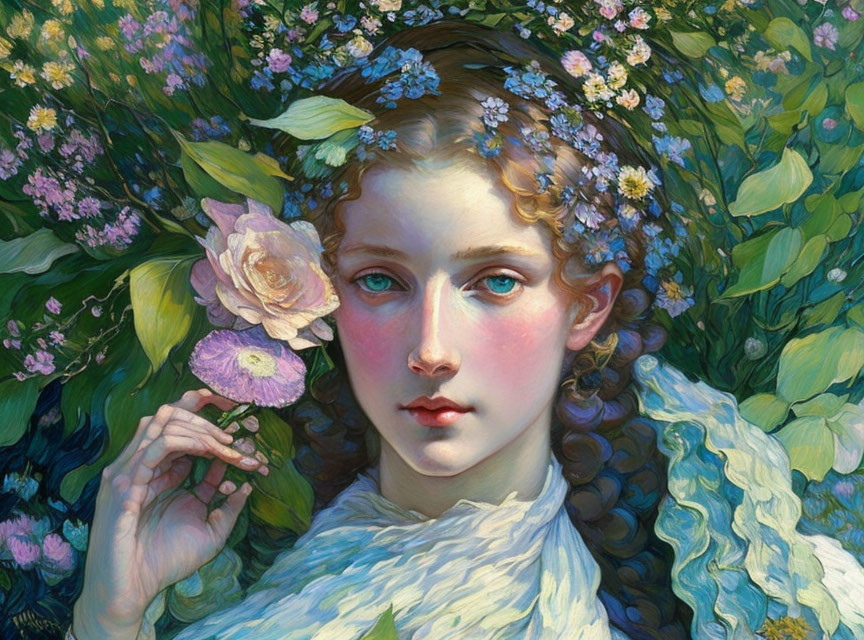 Portrait of young person with flowers in hair and rose, surrounded by green foliage