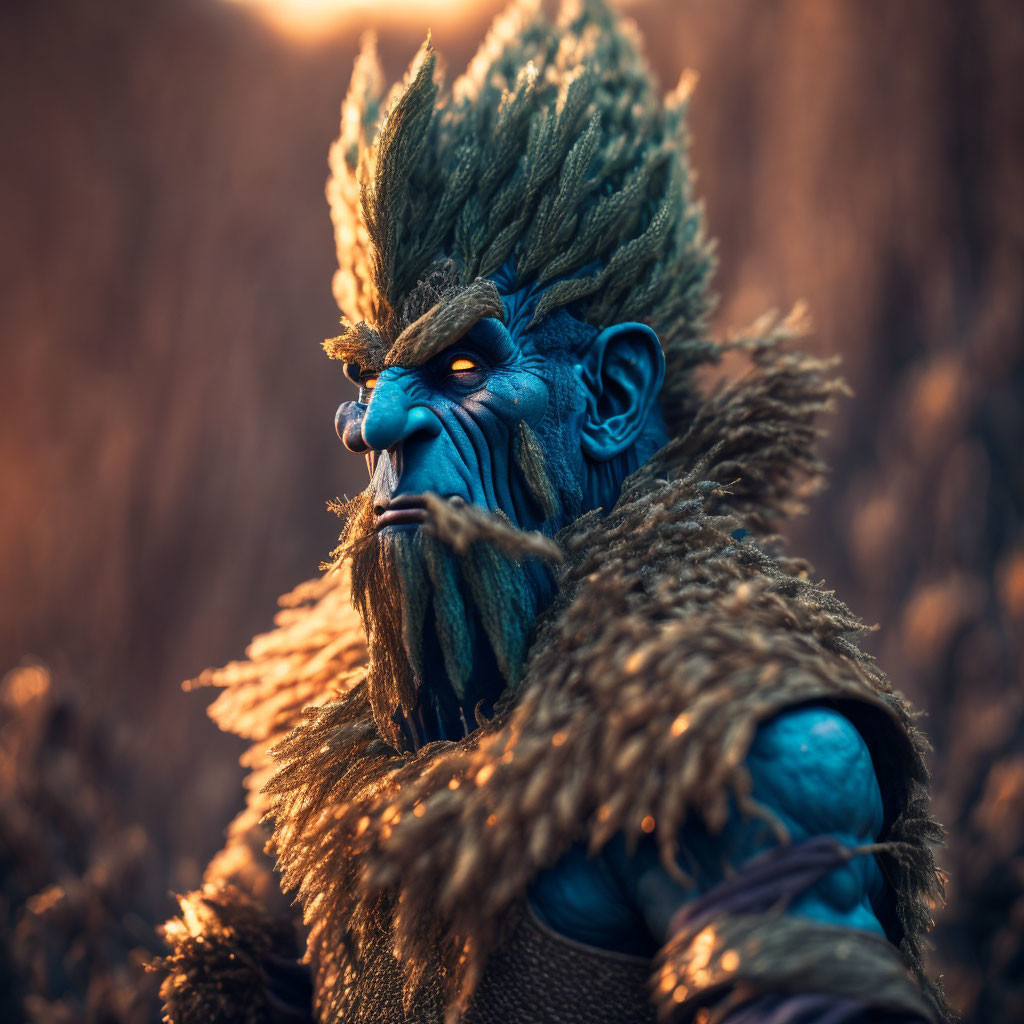 Blue-skinned fantasy creature with green leafy hair and serious expression in straw-like garment