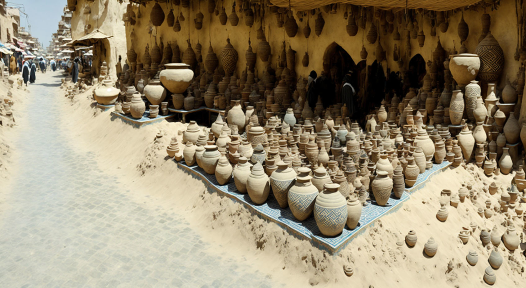 Desert town street with pottery pieces and bustling market.