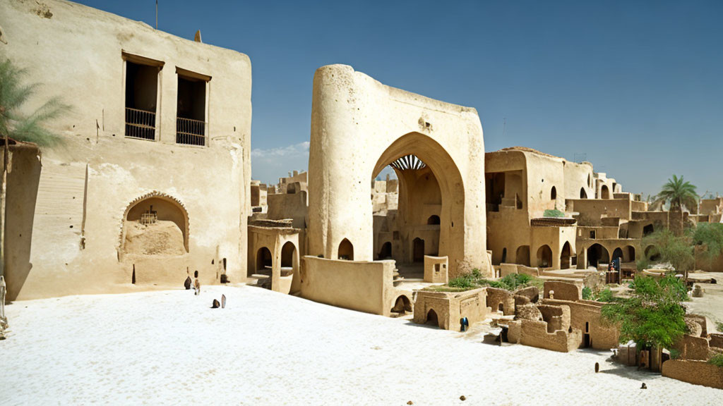 Desert town with sand-covered streets and traditional earthen architecture