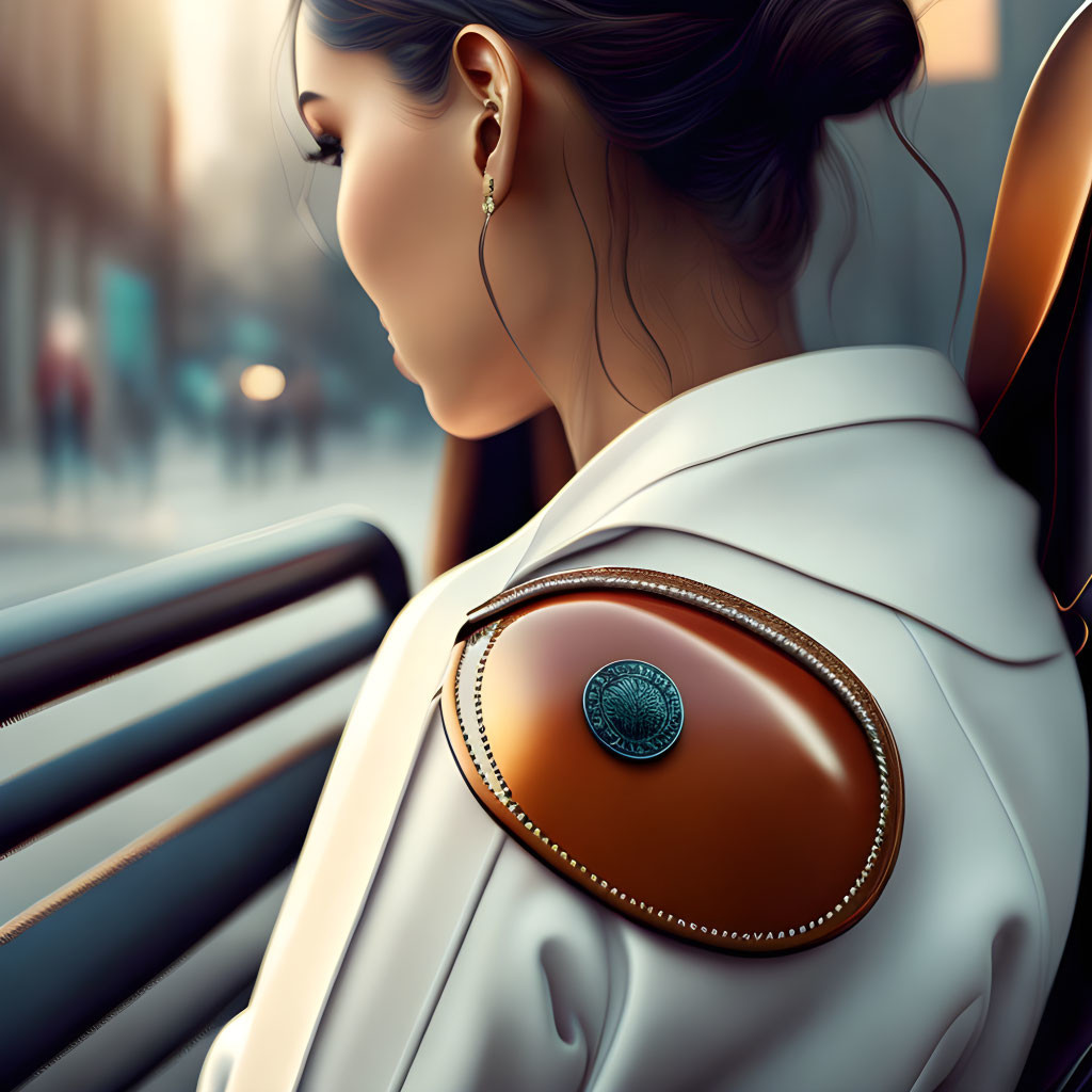 Stylish woman with elegant earring and unique emblem jacket in urban setting