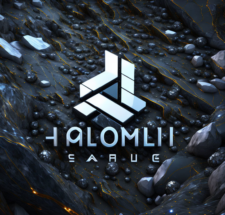 Neon blue 3D logo on rocky terrain with glowing lava cracks and Cyrillic script.