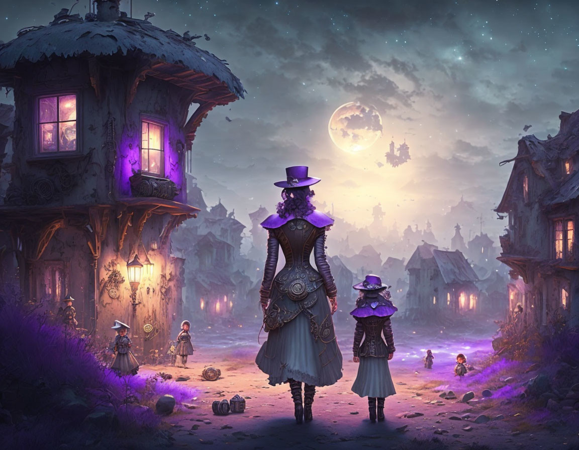 Victorian-themed night scene with characters under a full moon