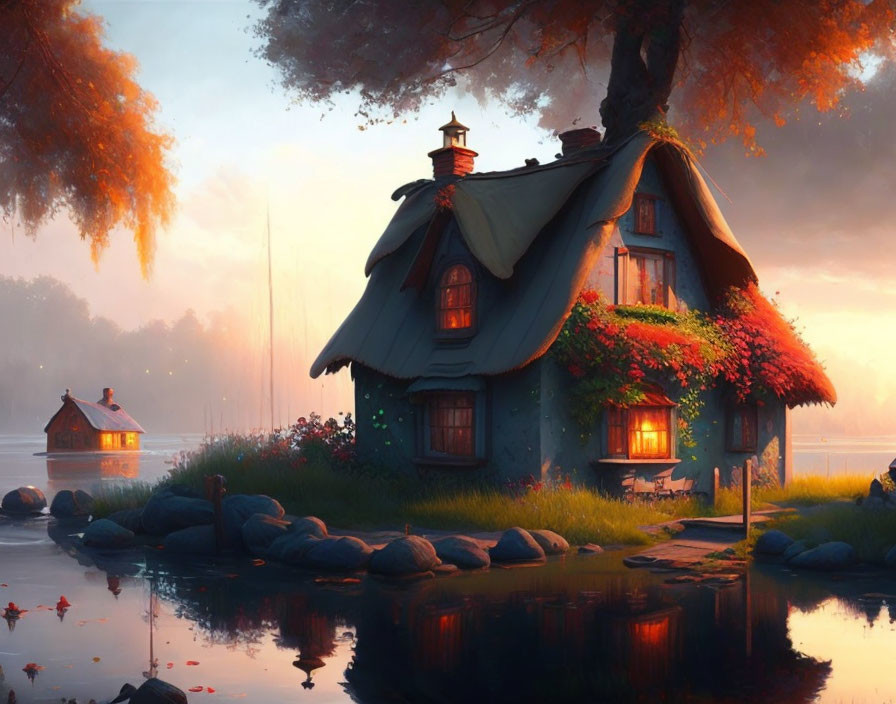 Painting of a whimsical cottage near the water.