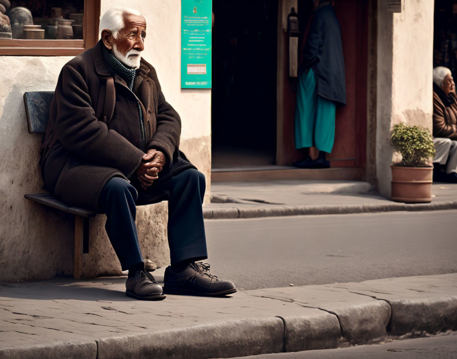 Elderly man with a beard sitting on bench in city street, wearing coat and scarf