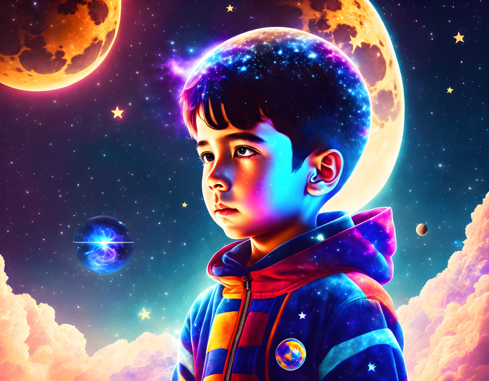 Child with thoughtful expression in cosmic scene with stars and planets