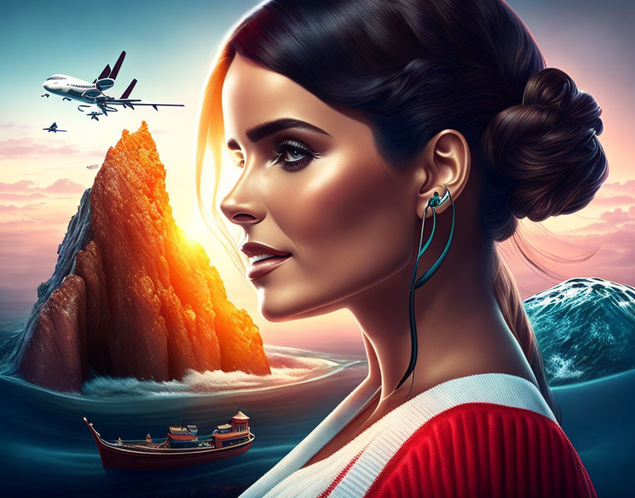 Woman's profile digital art with stylized sunset seascape and island, airplane, boat
