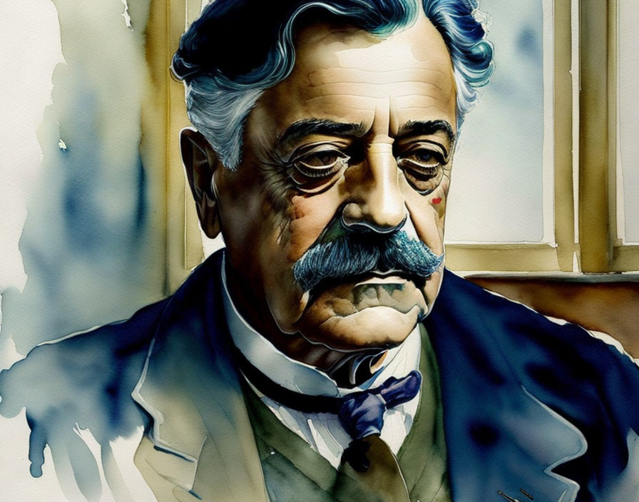 Mustached man in suit with grey hair in watercolor portrait on blue background