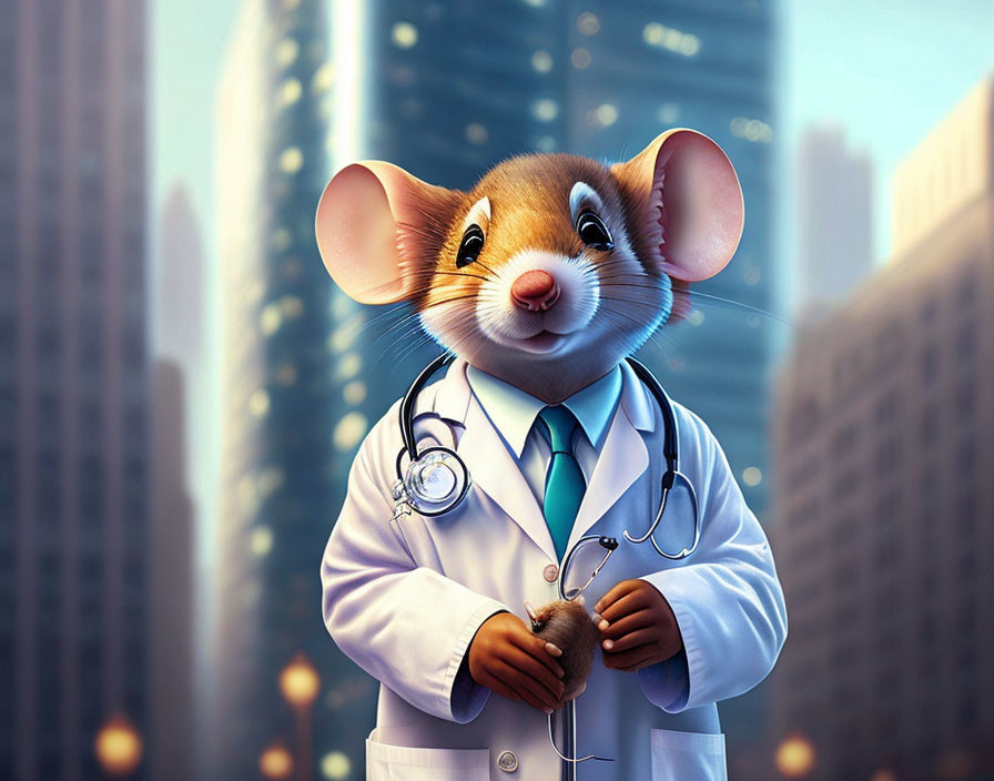 Anthropomorphic mouse in doctor's coat with stethoscope against cityscape