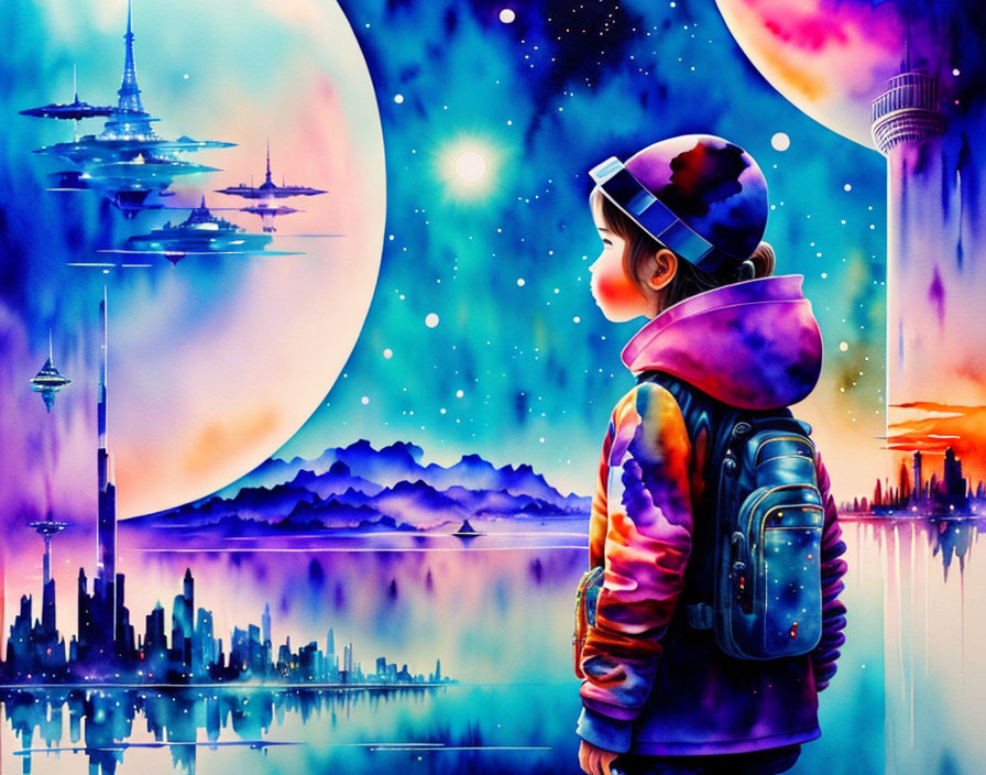 Child with backpack admires futuristic cityscape and moonlit sky