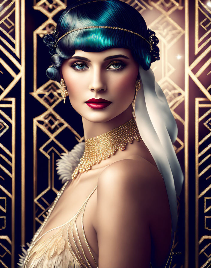 Illustration of woman with 1920s flapper style and art deco elements