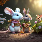 Anthropomorphic mice in forest setting with magical atmosphere.
