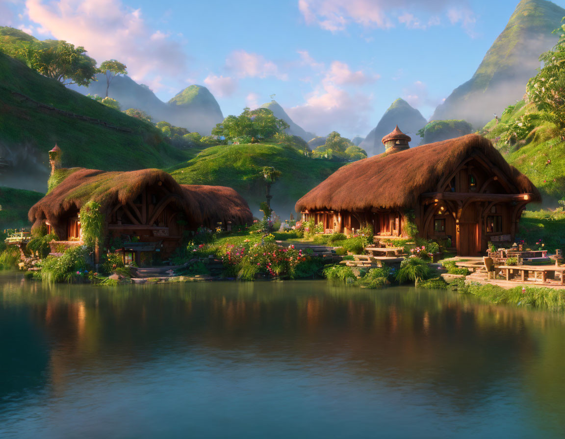 Scenic village with thatched-roof houses, lush greenery, mountains, and serene lake