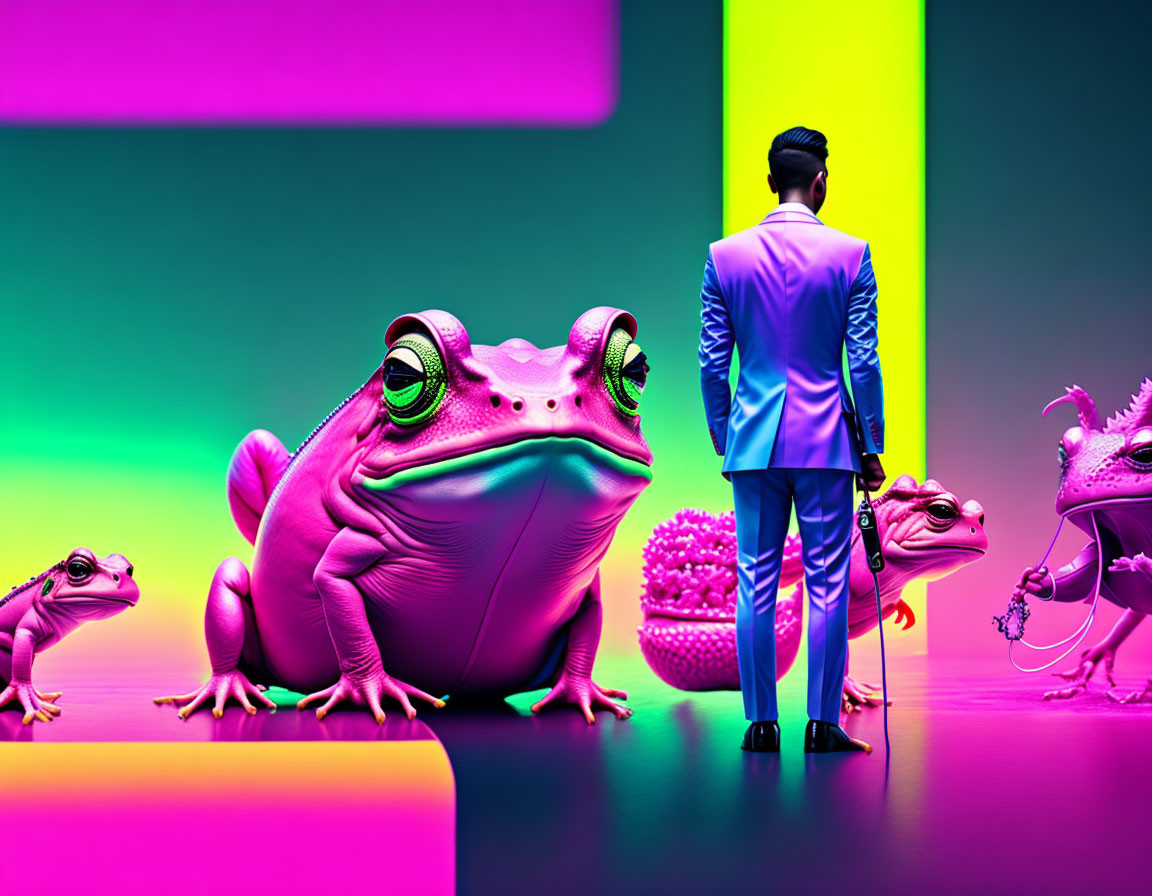 Colorful Frogs Surround Man in Blue Suit on Vibrant Multicolored Background