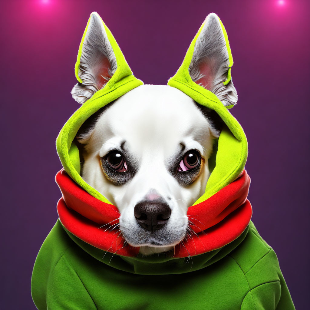 Digitally altered dog in green hoodie with human-like eyes on purple background