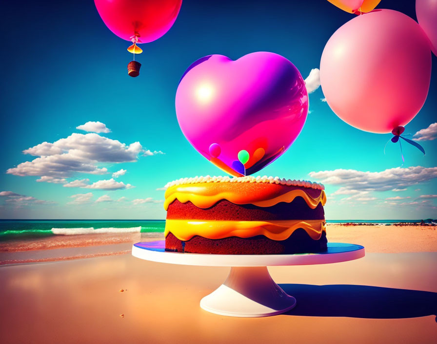 Colorful cake with heart balloon on beach with floating balloons in sky