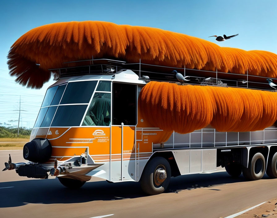 Giant orange brush vehicle with bird flying nearby