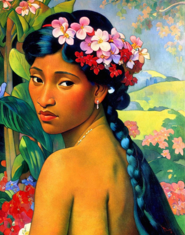 Woman with Flower-Adorned Braid in Vibrant Floral Setting