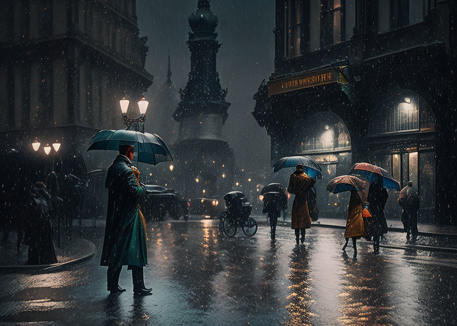 Rainy city street scene with people holding umbrellas and vintage street lamps at twilight.