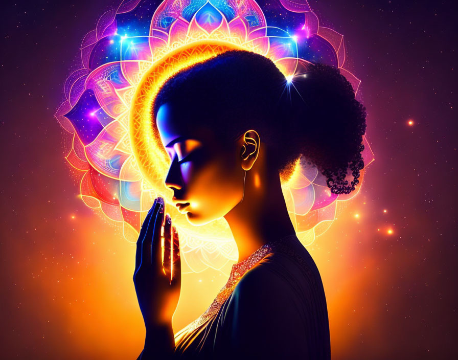 Vibrant cosmic background with glowing mandala patterns and silhouette of woman with afro
