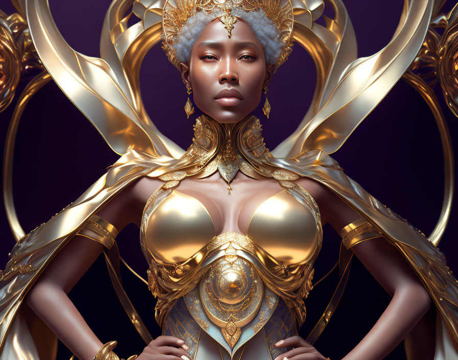 Golden-armored woman exudes elegance and strength on purple backdrop