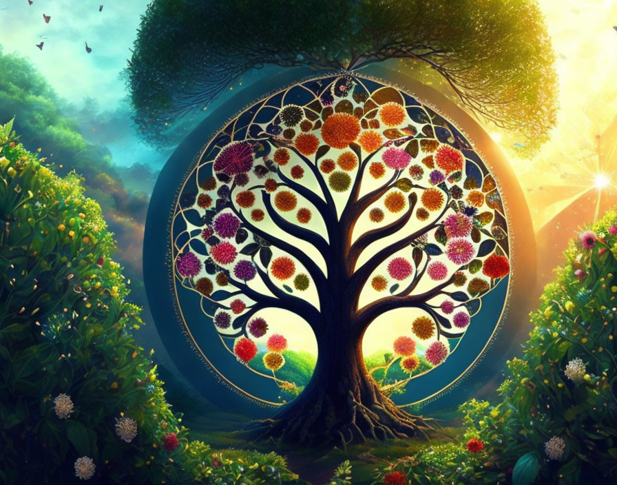 Colorful mystical tree with floral patterns in circular backdrop, surrounded by lush greenery and soft golden light