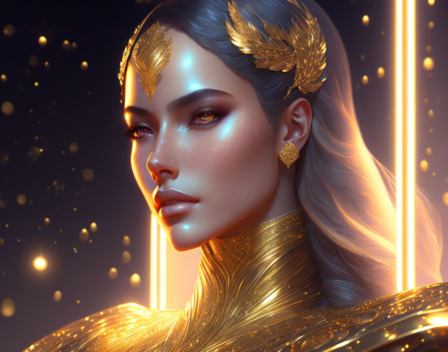 Digital artwork: Woman in golden headdress and armor under night sky