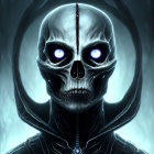 Digital artwork: Skull with split, glowing blue eyes on dark background with blue lightning