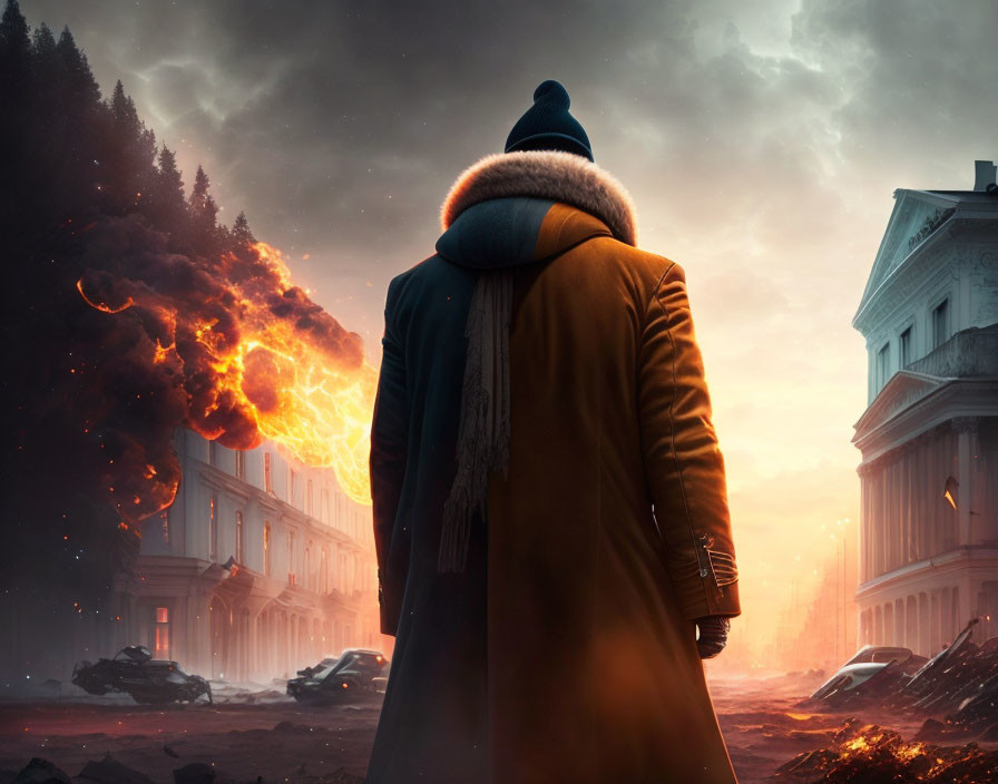 Person in winter coat faces fiery explosion in devastated urban landscape.