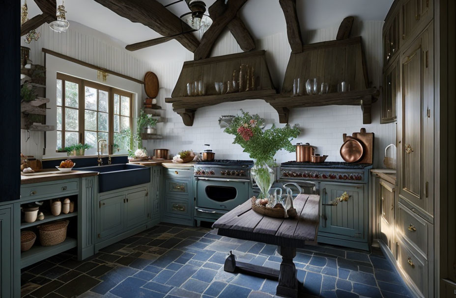 Rustic kitchen with natural wood beams, blue cabinets, copper pots, and tiled floor