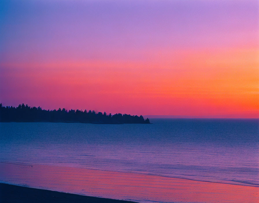 Tranquil twilight beach scene with pink and purple sky hues and dark treeline
