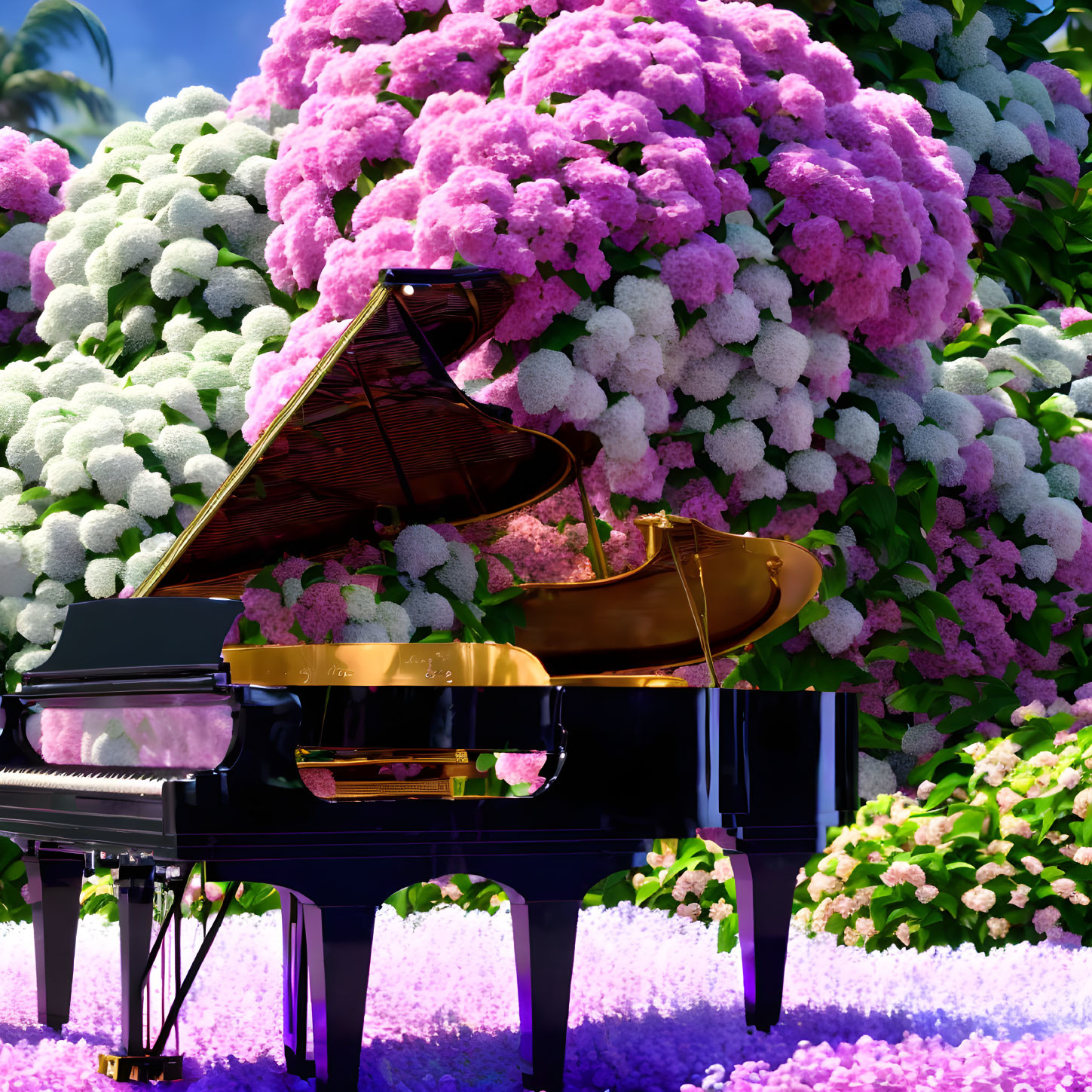 Piano among Hydrangeas